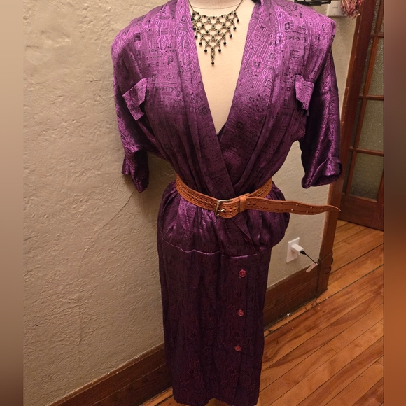 Vintage Dresses & Skirts - Vintage Dan Vali Silk Dress Purple Metallic Midi Belted Statement Canada
